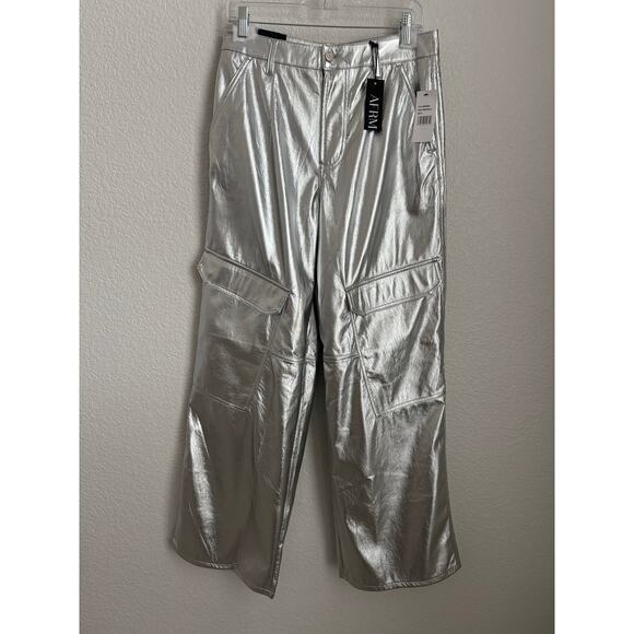 AFRM Faux Leather Wynn Cargo Pants in Silver Metallic - Picture 3 of 13